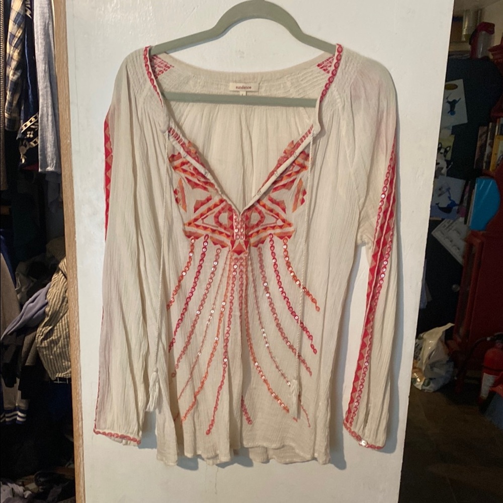Sundance Embroidered White and Red Women's Top L